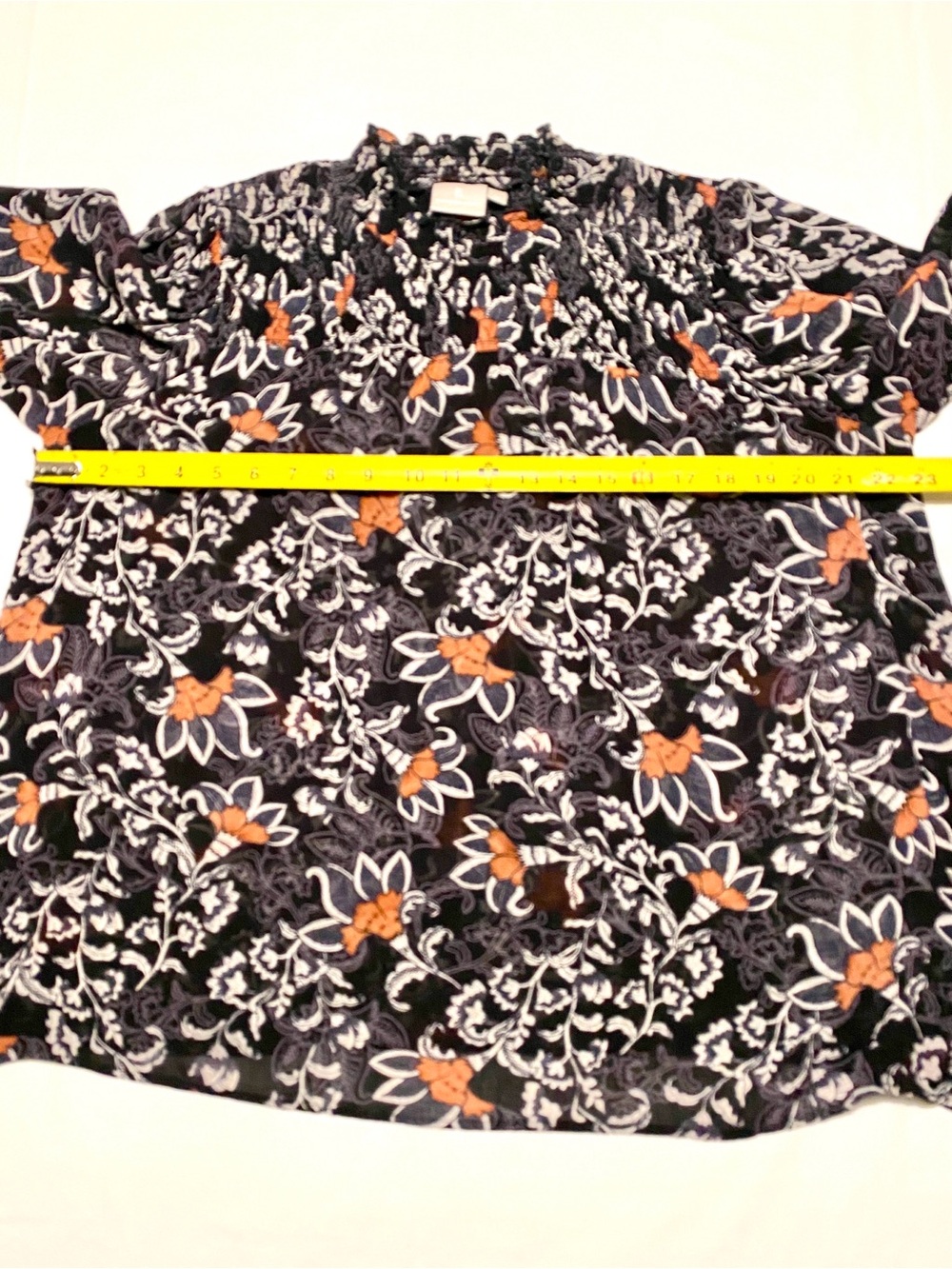B. Copenhagen Floral Smocked Neck Sheer Blouse Black Burnt Apricot Paisley US M - Picture 11 of 14